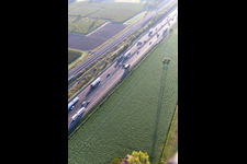 Aerial view of Autostrada del Sole next to the high-speed rail line in San Martino in Rio in the state Reggio Emilia, Italy