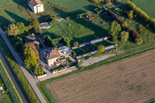 Aerial view of Sant' Agata di Rubiera Accommodation in old railway carriages in Rubiera in the state Reggio Emilia, Italy
