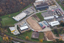 Aerial view of Lauterburger Straße commercial area in Kandel in the state Rhineland-Palatinate, Germany