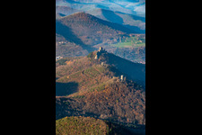 Aerial view of The 3 castles: Münz, Anebos and Trifels from the southeast in the district Bindersbach in Annweiler am Trifels in the state Rhineland-Palatinate, Germany
