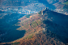 Aerial photograpy of The 3 castles: Münz, Anebos and Trifels from the southeast in the district Bindersbach in Annweiler am Trifels in the state Rhineland-Palatinate, Germany