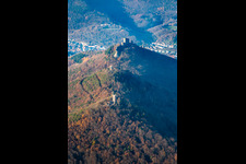 Oblique view of The 3 castles: Münz, Anebos and Trifels from the southeast in the district Bindersbach in Annweiler am Trifels in the state Rhineland-Palatinate, Germany