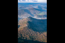 The 3 castles: Münz, Anebos and Trifels from the southeast in the district Bindersbach in Annweiler am Trifels in the state Rhineland-Palatinate, Germany from above