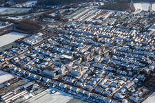 Aerial view of Röntgenstraße in winter with snow in Kandel in the state Rhineland-Palatinate, Germany