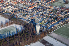 Aerial view of Water tower in winter with snow in Hatzenbühl in the state Rhineland-Palatinate, Germany