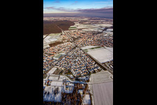 Aerial view of Railway line in winter with snow in Rheinzabern in the state Rhineland-Palatinate, Germany