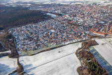 Aerial view of Südring in winter with snow in Rülzheim in the state Rhineland-Palatinate, Germany