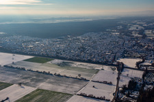 Aerial view of B9 in winter with snow in Rülzheim in the state Rhineland-Palatinate, Germany