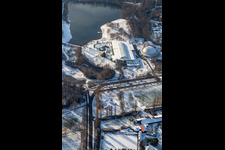 Aerial view of Beach, steam dumpling hall in winter when there is snow in Rülzheim in the state Rhineland-Palatinate, Germany