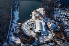 Aerial photograpy of Beach, steam dumpling hall in winter when there is snow in Rülzheim in the state Rhineland-Palatinate, Germany