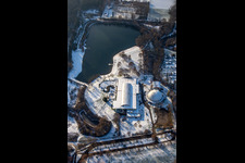 Oblique view of Beach, steam dumpling hall in winter when there is snow in Rülzheim in the state Rhineland-Palatinate, Germany