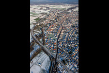 Aerial photograpy of From the west in winter when there is snow in Rülzheim in the state Rhineland-Palatinate, Germany