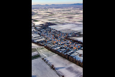 Aerial view of In winter when there is snow in Herxheimweyher in the state Rhineland-Palatinate, Germany