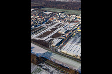 Aerial photograpy of Interpark industrial area in winter with snow in Offenbach an der Queich in the state Rhineland-Palatinate, Germany