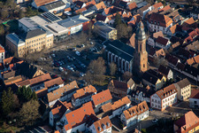 Market square with St. George's Church, primary school and town hall in Kandel in the state Rhineland-Palatinate, Germany