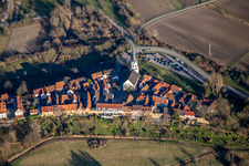 St. Dionysius and Hinterstädel parking lot in Jockgrim in the state Rhineland-Palatinate, Germany