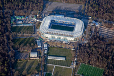 Aerial photograpy of BBBank Wildpark, almost completed new stadium of KSC in the district Innenstadt-Ost in Karlsruhe in the state Baden-Wuerttemberg, Germany