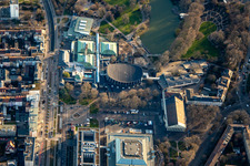Fairground with Schwarzwaldhalle, Vierortbad, Gartenhalle and Nancyhalle at the Stadtgartensee in the district Südweststadt in Karlsruhe in the state Baden-Wuerttemberg, Germany