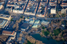 Ettlinger Straße and fairgrounds with Schwarzwaldhalle, Vierortbad, Gartenhalle and Nancyhalle at the Stadtgartensee in the district Südweststadt in Karlsruhe in the state Baden-Wuerttemberg, Germany