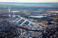 Rhine harbor from the east in the district Mühlburg in Karlsruhe in the state Baden-Wuerttemberg, Germany