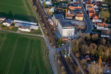 Aerial photograpy of New construction of age-appropriate apartments at the railway crossing in the district Schaidt in Wörth am Rhein in the state Rhineland-Palatinate, Germany