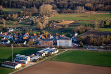 New construction of age-appropriate apartments at the railway crossing in the district Schaidt in Wörth am Rhein in the state Rhineland-Palatinate, Germany from above