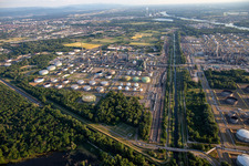 Aerial view of Freight railway line in the MIRO in the district Knielingen in Karlsruhe in the state Baden-Wuerttemberg, Germany