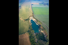 Aerial photograpy of Quarry lake at Bahnhofstr in the district Ermsleben in Falkenstein in the state Saxony-Anhalt, Germany