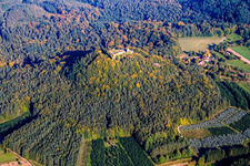 Lindelbrunn Castle Ruins in Vorderweidenthal in the state Rhineland-Palatinate, Germany seen from a drone