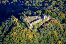 Aerial photograpy of Ruins and vestiges of the former castle and fortress Lindelbrunn in Vorderweidenthal in the state Rhineland-Palatinate