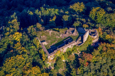 Aerial view of Lindelbrunn Castle Ruins in Vorderweidenthal in the state Rhineland-Palatinate, Germany