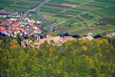 Aerial view of Madenburg castle ruins from the west in Eschbach in the state Rhineland-Palatinate, Germany