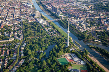 Telecommunications tower and Kutzerweiher pond in Luisenpark on the banks of the Neckar in the district Oststadt in Mannheim in the state Baden-Wuerttemberg, Germany