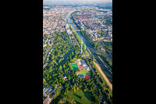 Aerial view of Luisenpark Mannheim with telecommunications tower Mannheim on the Neckar, part of the Federal Garden Show 2023 BUGA23 in the district Oststadt in Mannheim in the state Baden-Wuerttemberg, Germany