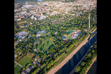 Oblique view of Luisenpark Mannheim with telecommunications tower Mannheim on the Neckar, part of the Federal Garden Show 2023 BUGA23 in the district Oststadt in Mannheim in the state Baden-Wuerttemberg, Germany