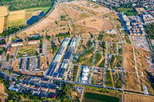 General view from the north of Spinelli Park of the Federal Garden Show Mannheim BUGA 2023 with cable car to Luisenpark in the district Feudenheim in Mannheim in the state Baden-Wuerttemberg, Germany