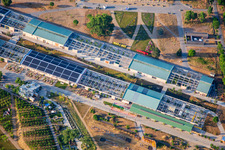 Aerial photograpy of U-Halle at the Spinelli Park of the Federal Garden Show Mannheim BUGA 2023 in the district Feudenheim in Mannheim in the state Baden-Wuerttemberg, Germany