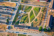 Oblique view of Welcome area of the Spinelli Park of the Federal Garden Show Mannheim BUGA 2023 in the district Feudenheim in Mannheim in the state Baden-Wuerttemberg, Germany