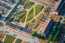 Welcome area of the Spinelli Park of the Federal Garden Show Mannheim BUGA 2023 in the district Feudenheim in Mannheim in the state Baden-Wuerttemberg, Germany from above
