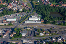 Aerial view of Lohnes GmbH & Co. KG, Raiffeisen Market Michelstadt in the district Steinbach in Michelstadt in the state Hesse, Germany