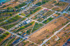 Aerial view of Experimental Field in Spinelli Park at the Federal Garden Show (BUGA) 2023 in the district Käfertal in Mannheim in the state Baden-Wuerttemberg, Germany