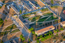 Welcome area of the Spinelli Park of the Federal Garden Show Mannheim BUGA 2023 in the district Feudenheim in Mannheim in the state Baden-Wuerttemberg, Germany seen from above