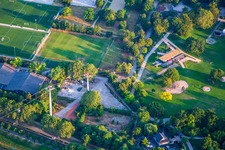 Aerial view of Cable car station from Luisenpark to Spinelli Park of the Federal Garden Show Mannheim BUGA 2023 in the district Oststadt in Mannheim in the state Baden-Wuerttemberg, Germany