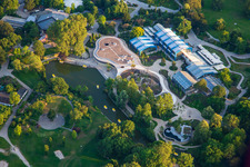 Aerial view of Plant Showhouse (Botanical Garden) in Luisenpark, part of the Federal Garden Show 2023 BUGA23 in the district Oststadt in Mannheim in the state Baden-Wuerttemberg, Germany