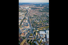 Aerial view of Neckarauerstraße from the north in the district Neckarau in Mannheim in the state Baden-Wuerttemberg, Germany