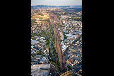 Marshaling yard, DB-Netz signal box 17, locomotive control DB Cargo Mannheim from the north in the district Neuhermsheim in Mannheim in the state Baden-Wuerttemberg, Germany