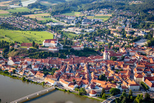 Old town from the south behind the bridges over the Drava/Dravo in Ptuj in the state Slovenia, Slovenia