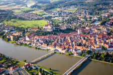 Aerial view of Old town from the south behind the bridges over the Drava/Dravo in Ptuj in the state Slovenia, Slovenia