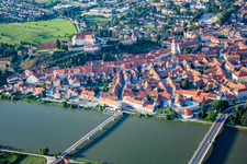 Aerial photograpy of Old town from the south behind the bridges over the Drava/Dravo in Ptuj in the state Slovenia, Slovenia