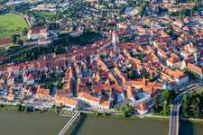 Oblique view of Old town from the south behind the bridges over the Drava/Dravo in Ptuj in the state Slovenia, Slovenia